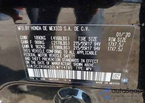 2020 Honda Hr-V Awd Lx from USA, damaged, VIN 3CZRU6H32LM714785